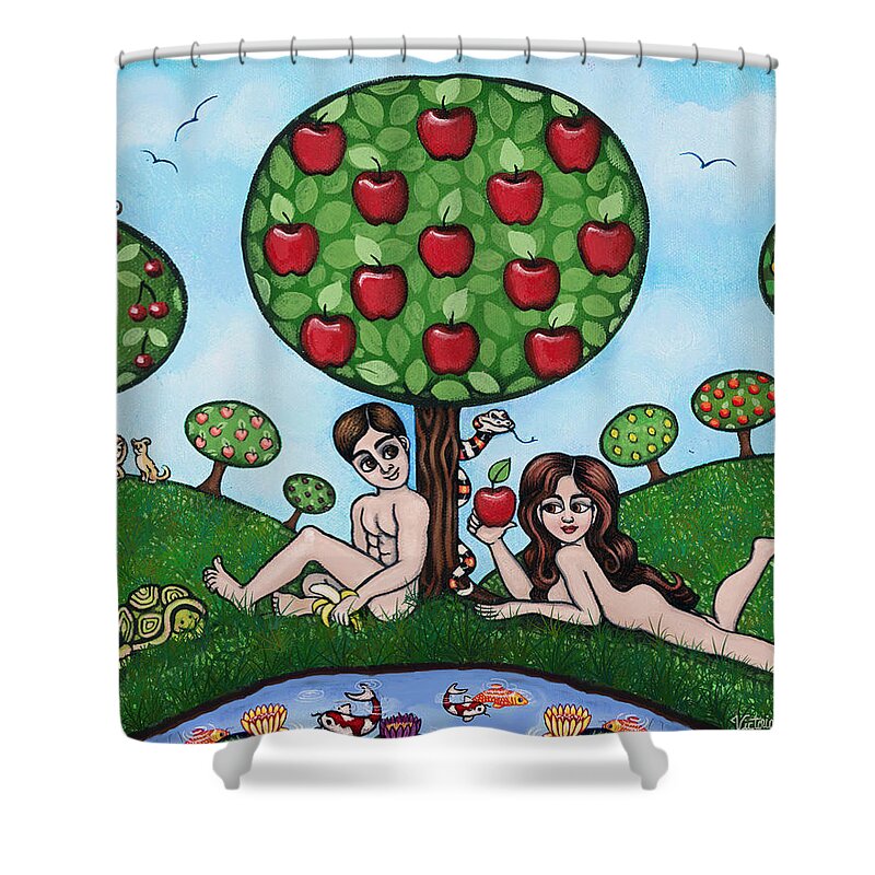 Adam And Eve Shower Curtain featuring the painting Adam and Eve The Naked Truth by Victoria De Almeida