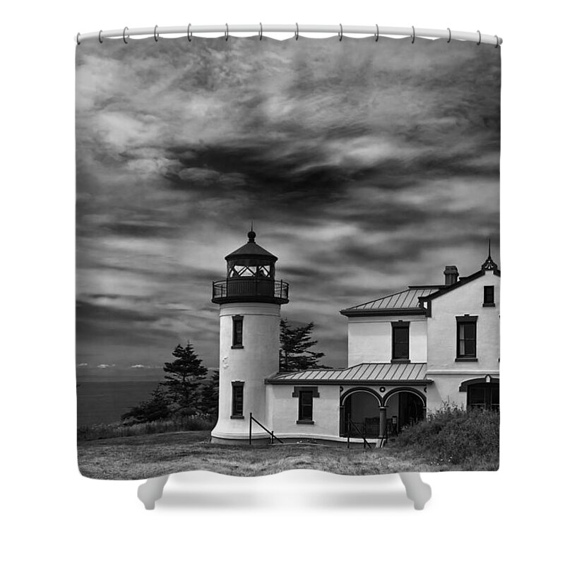 Joan Carroll Shower Curtain featuring the photograph Admiralty Head Lighthouse BW by Joan Carroll
