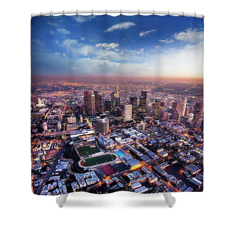 Downtown District Shower Curtain featuring the photograph Aerial Downtown Los Angeles At Night by Adamkaz