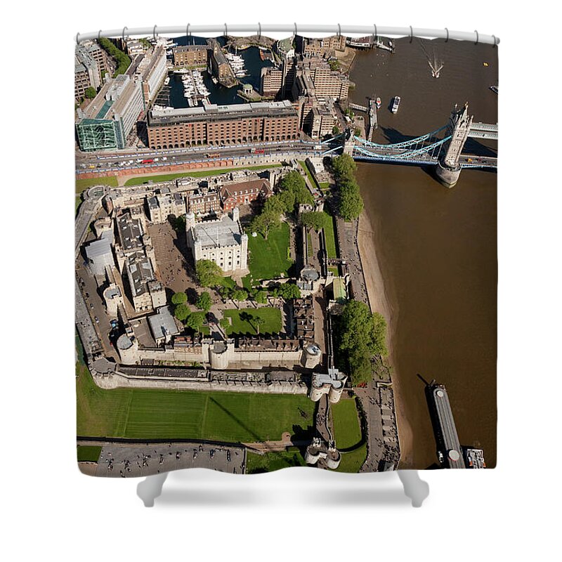 English Culture Shower Curtain featuring the photograph Aerial Shot Of Tower Bridge And Tower by Michael Dunning