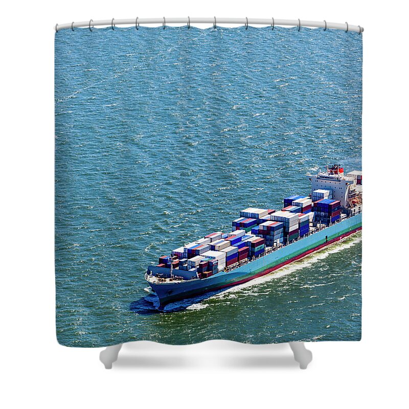 Trading Shower Curtain featuring the photograph Aerial View Of A Container Ship by Opla