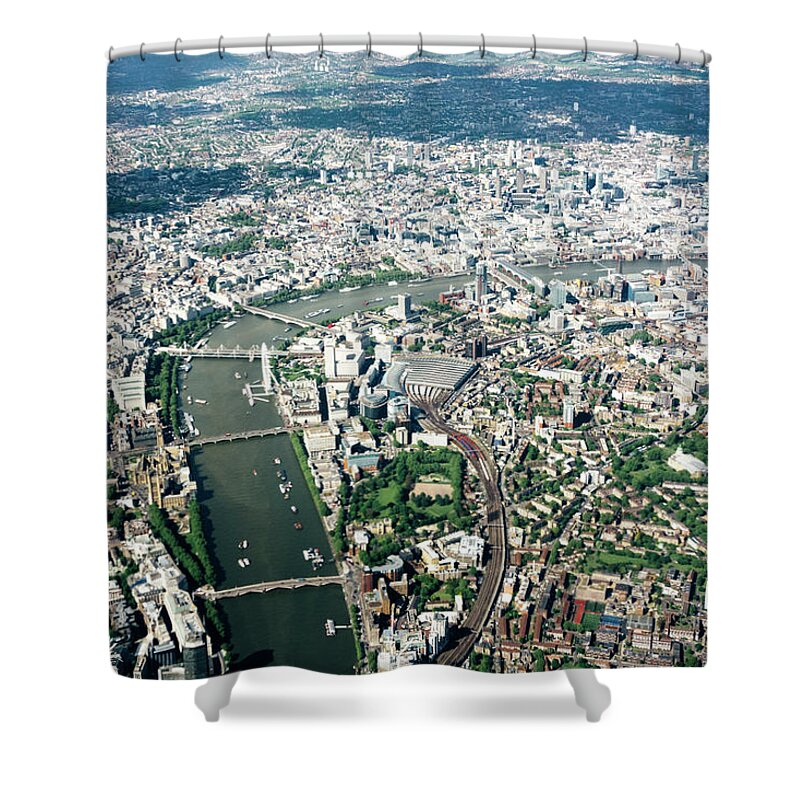 London Millennium Footbridge Shower Curtain featuring the photograph Aerial View Of London, River Thames by Urbancow