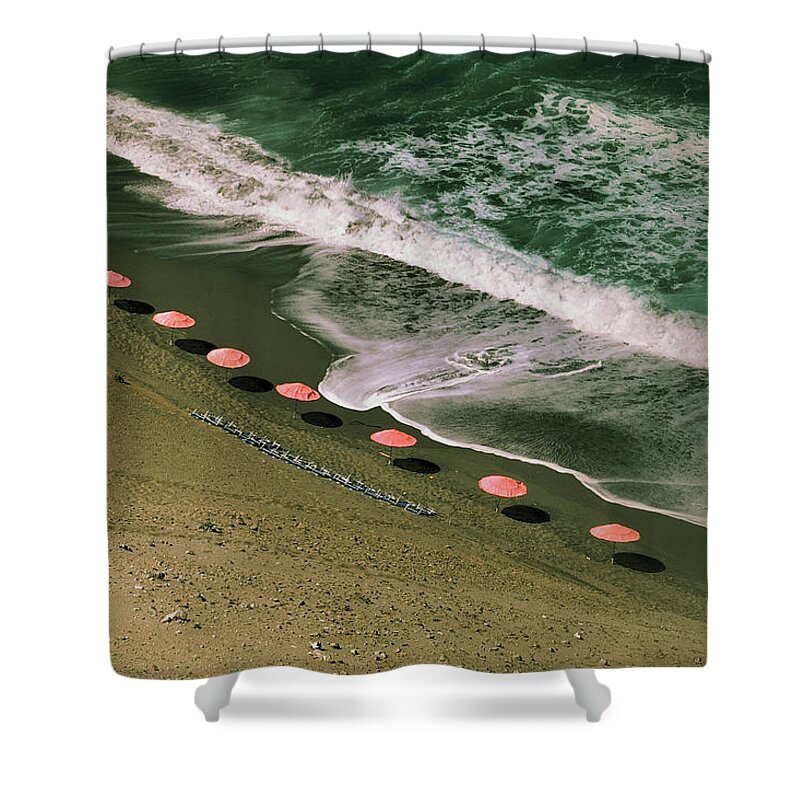 Tranquility Shower Curtain featuring the photograph Aerial View Of Parasols On Beach With by Jeren (france)