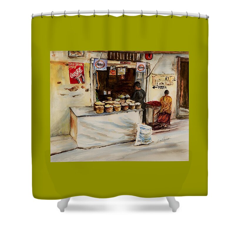 Duka Shower Curtain featuring the painting African corner store by Sher Nasser