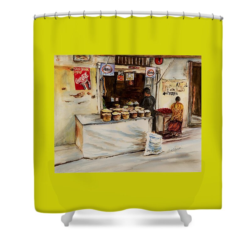 Duka African Store Shower Curtain featuring the painting African Corner Store by Sher Nasser Artist