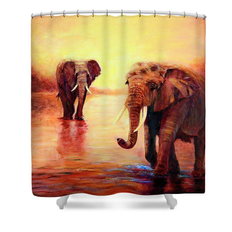 African Elephants Shower Curtain featuring the painting African Elephants at Sunset in the Serengeti by Sher Nasser