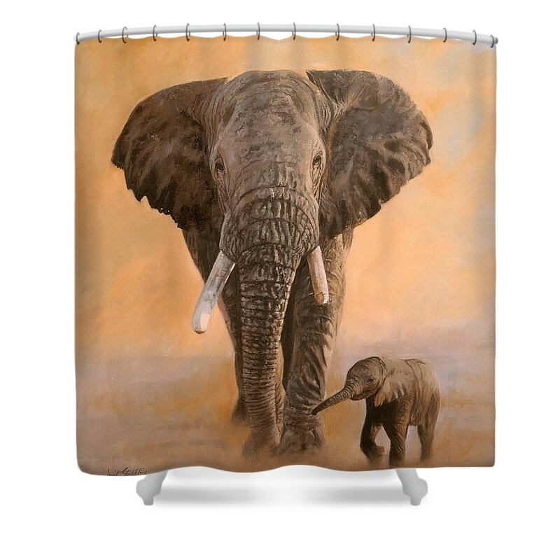 Elephant Shower Curtain featuring the painting African Elephants by David Stribbling