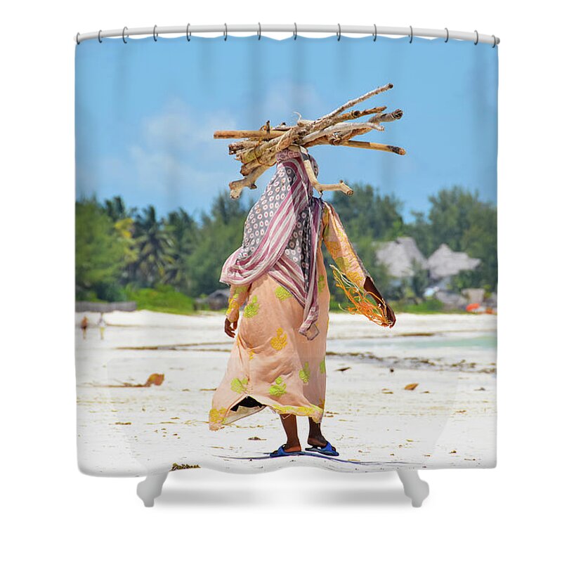 People Shower Curtain featuring the photograph African Girl With A Bundle Of Reeds On by Volanthevist