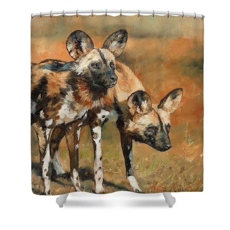 Wild Dogs Shower Curtain featuring the painting African Wild Dogs by David Stribbling