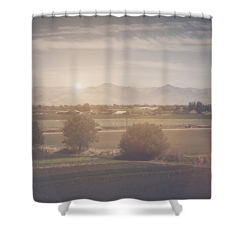Green Shower Curtain featuring the photograph Agriculture Scene in Retro Instagram Style Filter by Brandon Bourdages