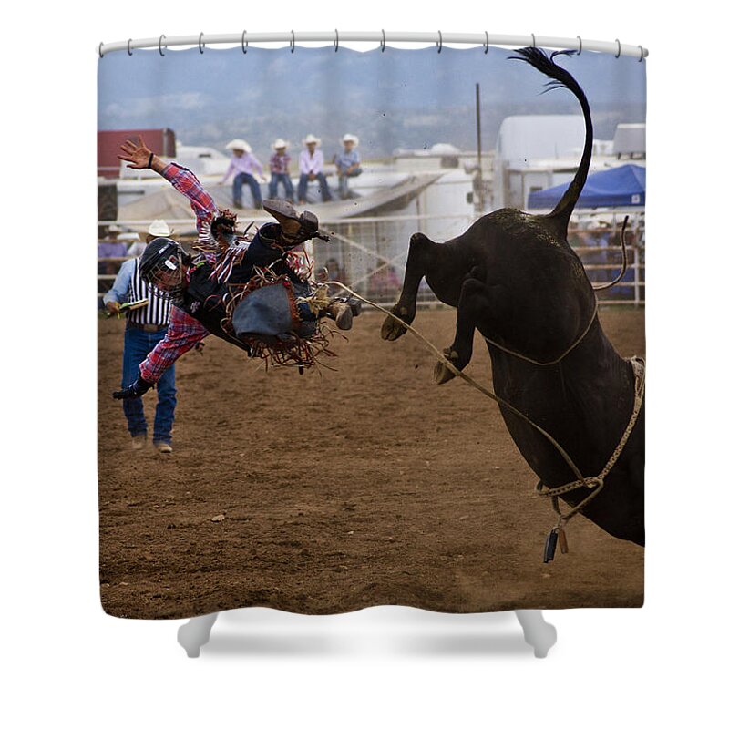 Rodeo Shower Curtain featuring the photograph Airborne by Patrick Moore