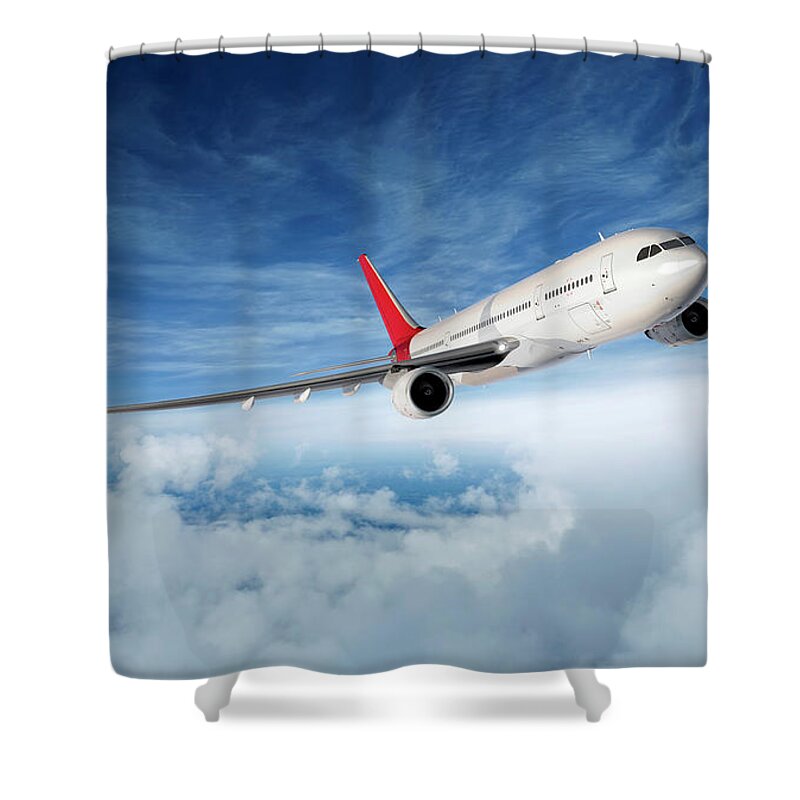 Outdoors Shower Curtain featuring the digital art Airplane In Flight by Aaron Foster