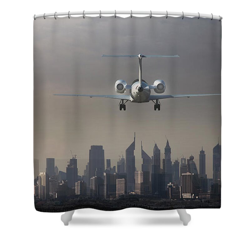 The End Shower Curtain featuring the photograph Airplane Landing In A Futuristic City by Buena Vista Images