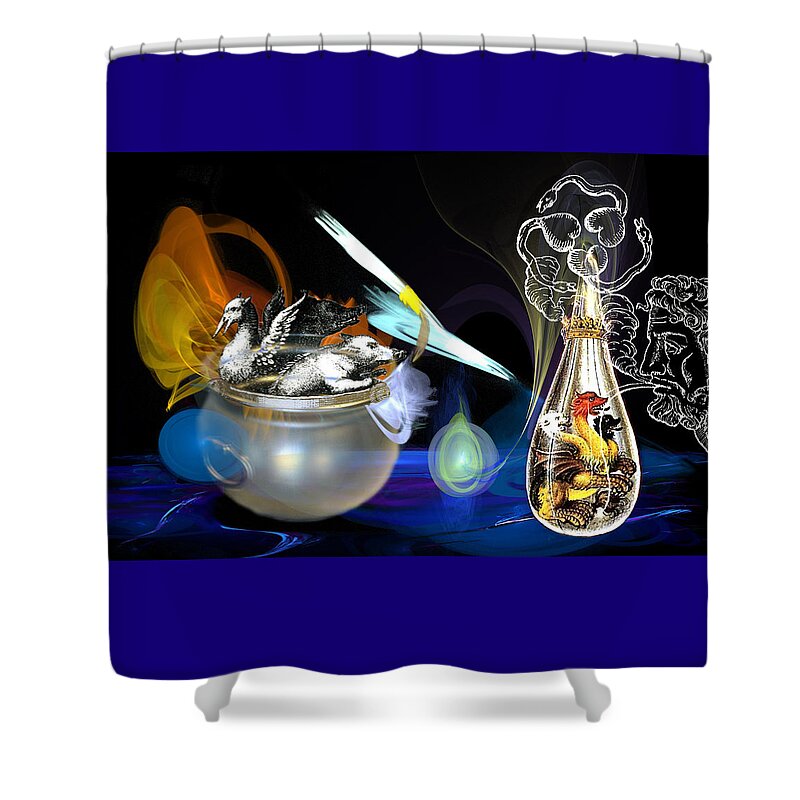 Alchemy Shower Curtain featuring the digital art Alchemist's Workbench by Lisa Yount