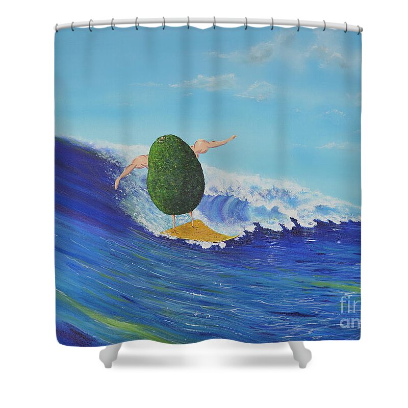 Water Shower Curtain featuring the painting Alex the Surfing Avocado by Mary Scott