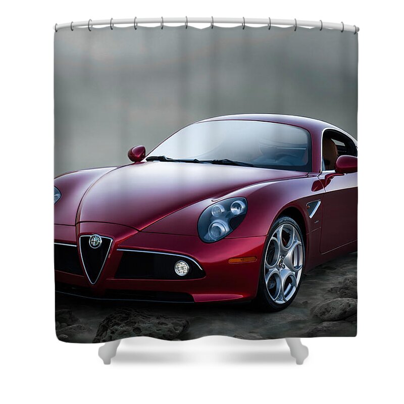 Red Shower Curtain featuring the digital art Alfa 8C by Douglas Pittman