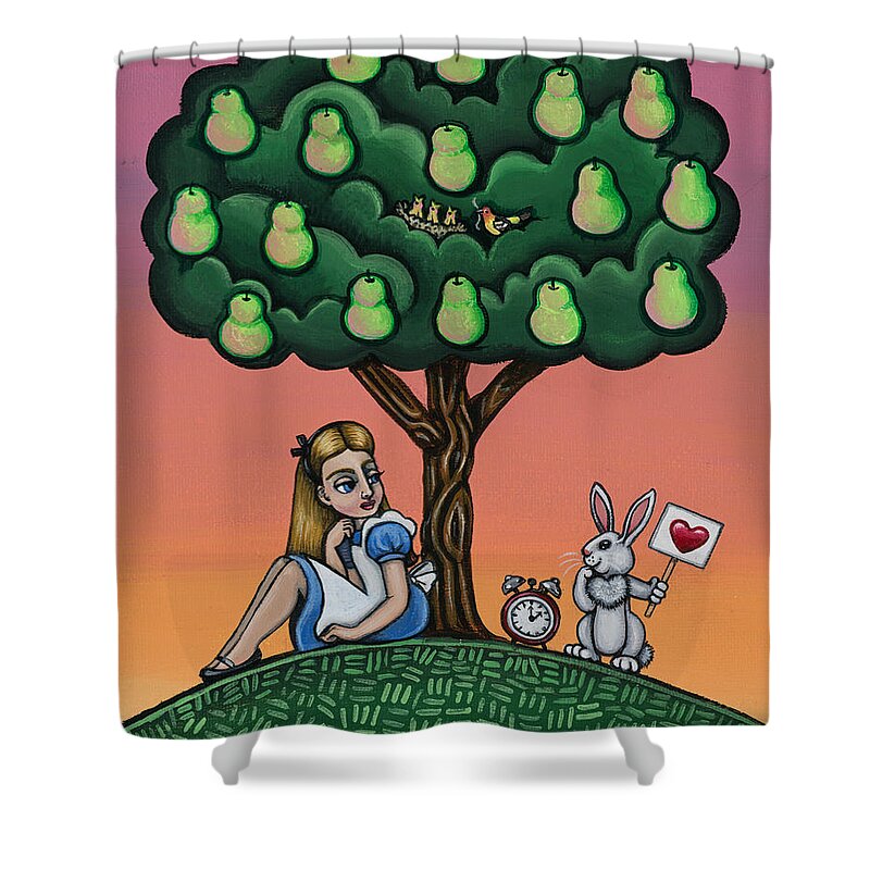 Alice Shower Curtain featuring the painting Alice in Wonderland art by Victoria De Almeida