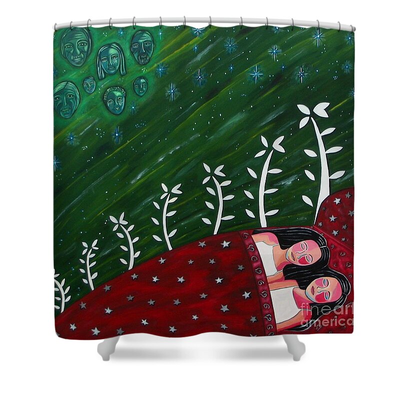 Portrait Shower Curtain featuring the painting All Sown Up by Sandra Marie Adams