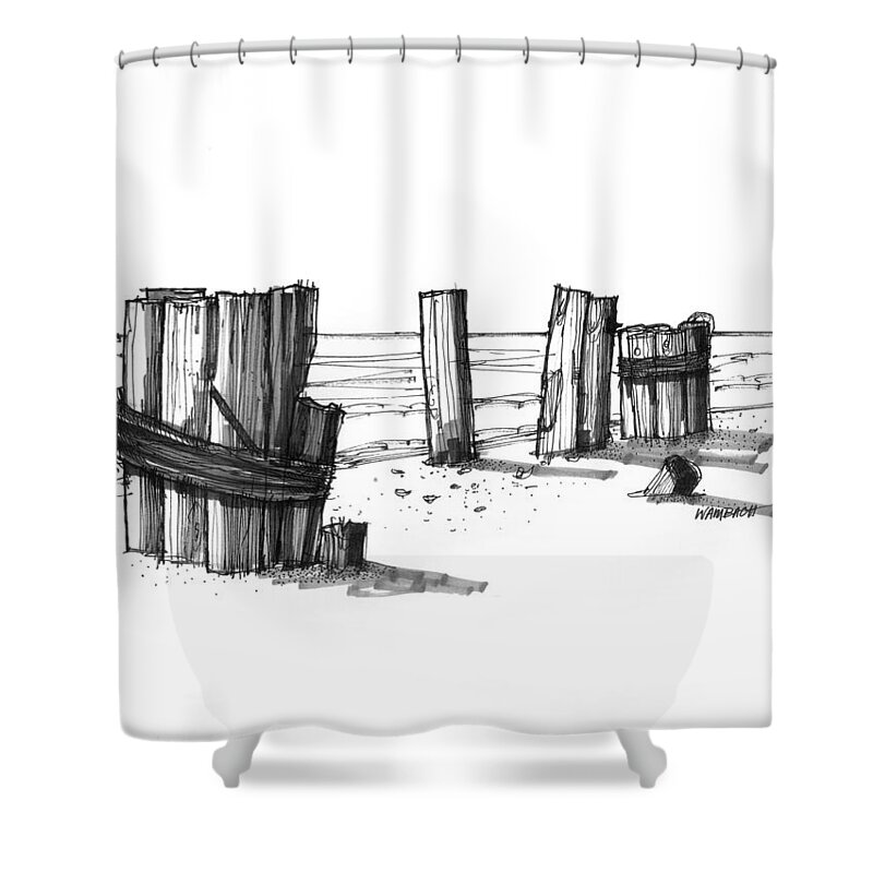 Outer Banks Shower Curtain featuring the drawing All That Remains Ocracoke 1970s by Richard Wambach