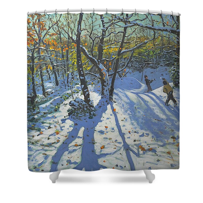 Andrew Macara Shower Curtain featuring the painting Allestree Park Woods November by Andrew Macara