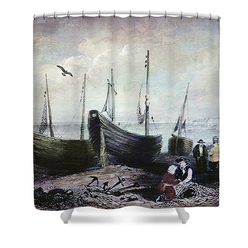 Allonby Shower Curtain featuring the digital art Allonby - Fishing Village 1840s by Lianne Schneider