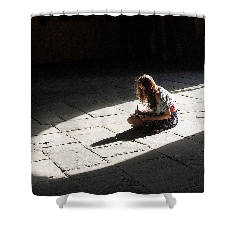 Girl Shower Curtain featuring the photograph Alone in a Pool of Light by Alex Lapidus