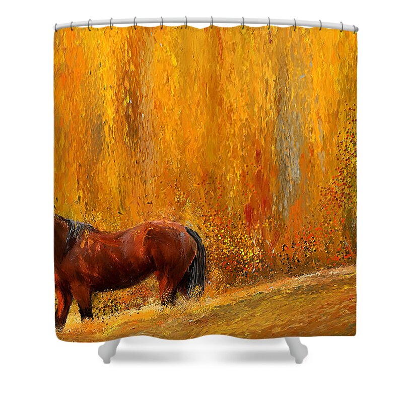 Bay Horse Paintings Shower Curtain featuring the painting Alone In Grandeur- Bay Horse Paintings by Lourry Legarde