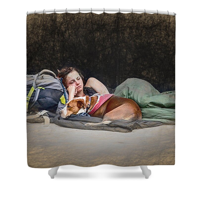 Appalachia Shower Curtain featuring the mixed media Alone with Her Dog by John Haldane