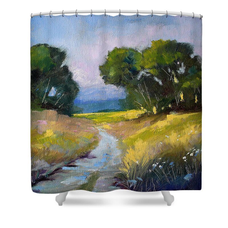 Oregon Shower Curtain featuring the painting Along a Country Road by Nancy Merkle