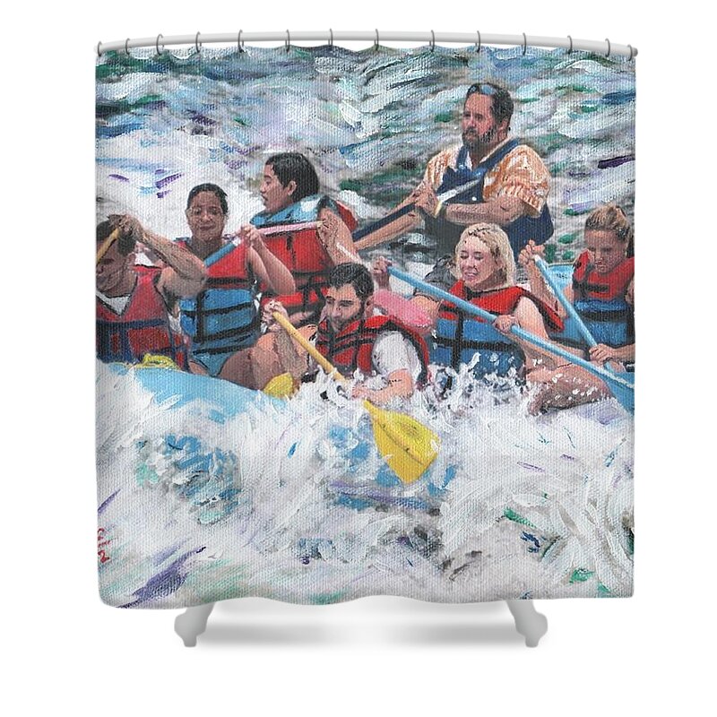 Whitewater Rafting Shower Curtain featuring the painting Along the Kennebec by Cliff Wilson