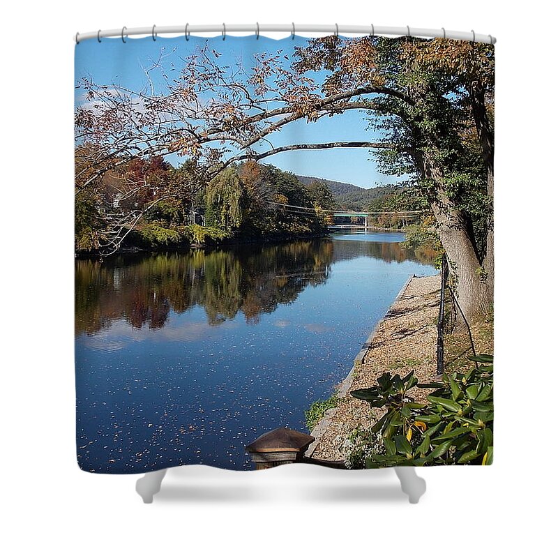 Along Shower Curtain featuring the photograph Along the River in Shelbourne Falls by Nina Kindred