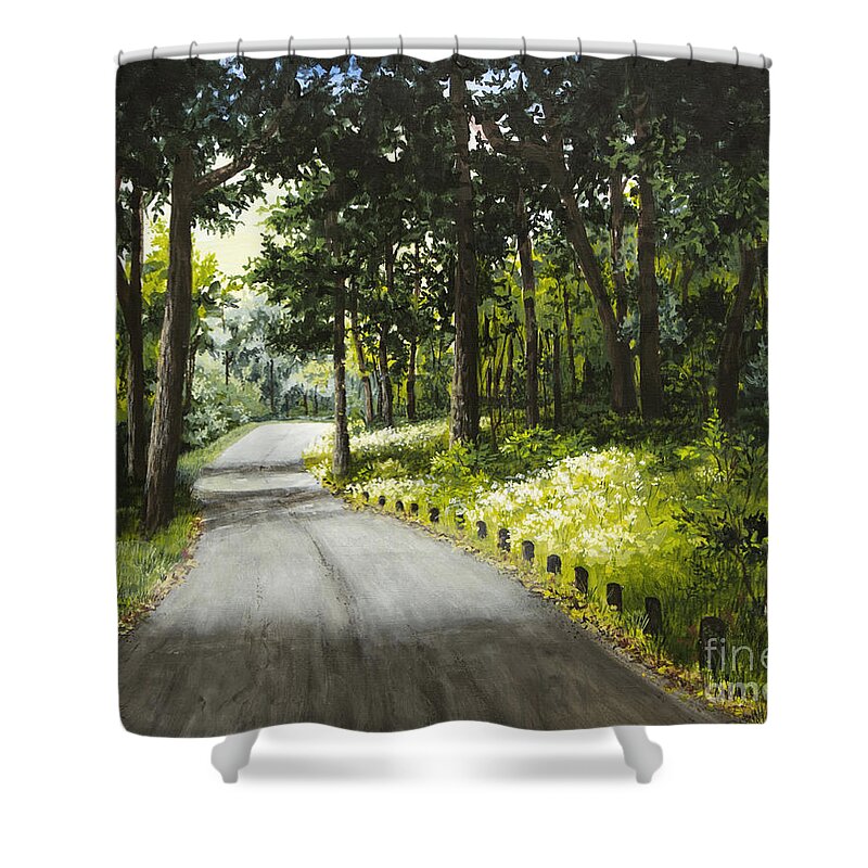 Landscape Shower Curtain featuring the painting Along the Way by Mary Palmer