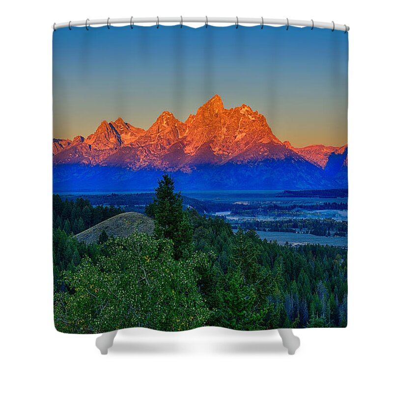 Tetons Shower Curtain featuring the photograph Alpenglow Across The Valley by Greg Norrell
