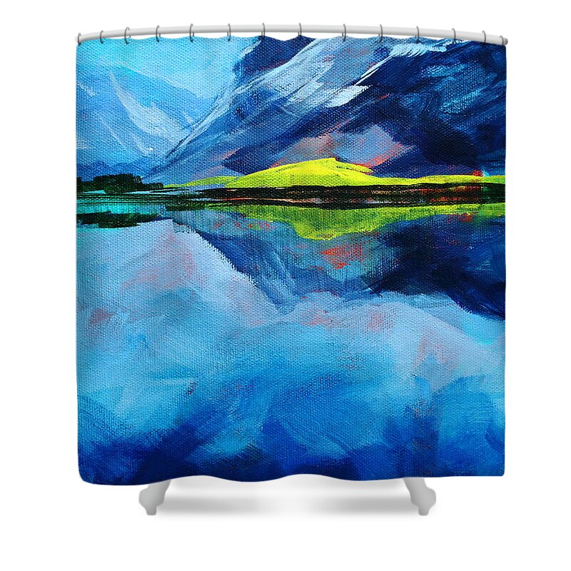 Blue Shower Curtain featuring the painting Alpine Lake Mountain Landscape Painting by Nancy Merkle