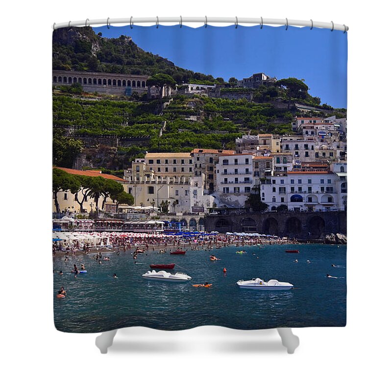 Amalfi Town Scene Shower Curtain featuring the photograph Amalfi Beach and Town by Sally Weigand