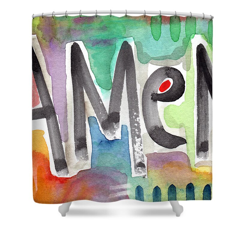 Amen Greeting Card Shower Curtain featuring the mixed media AMEN Greeting Card by Linda Woods