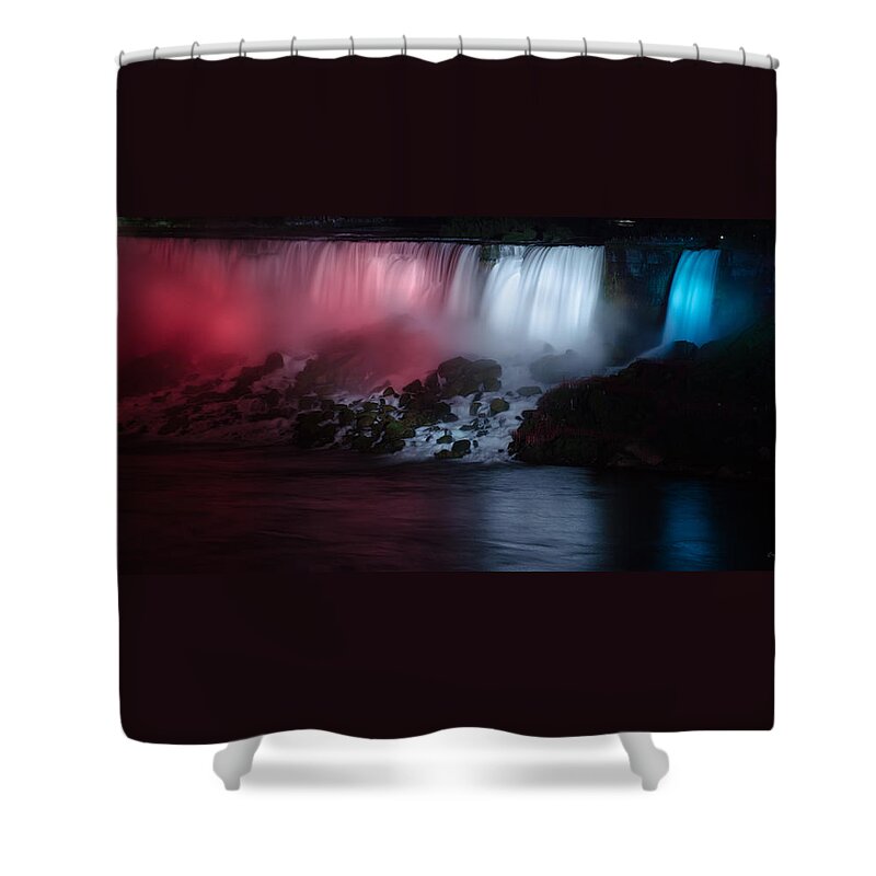 American Falls Shower Curtain featuring the photograph American Falls Lit up at Night by Crystal Wightman