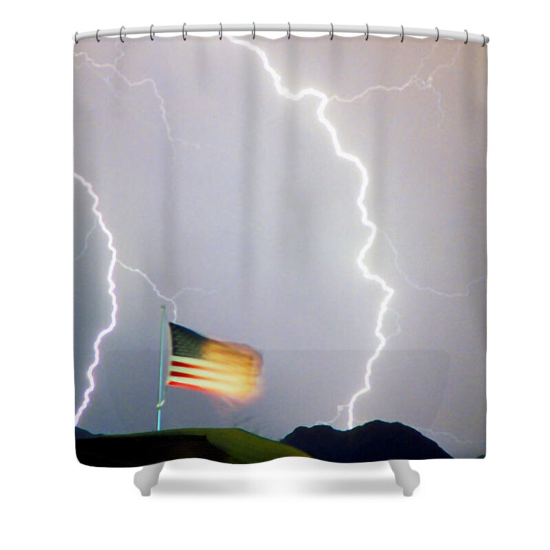 Lightning; Lightening; American Flag; Usa; Americana; Storm; Weather; Nature Shower Curtain featuring the photograph American Flag Lightning Strikes by James BO Insogna