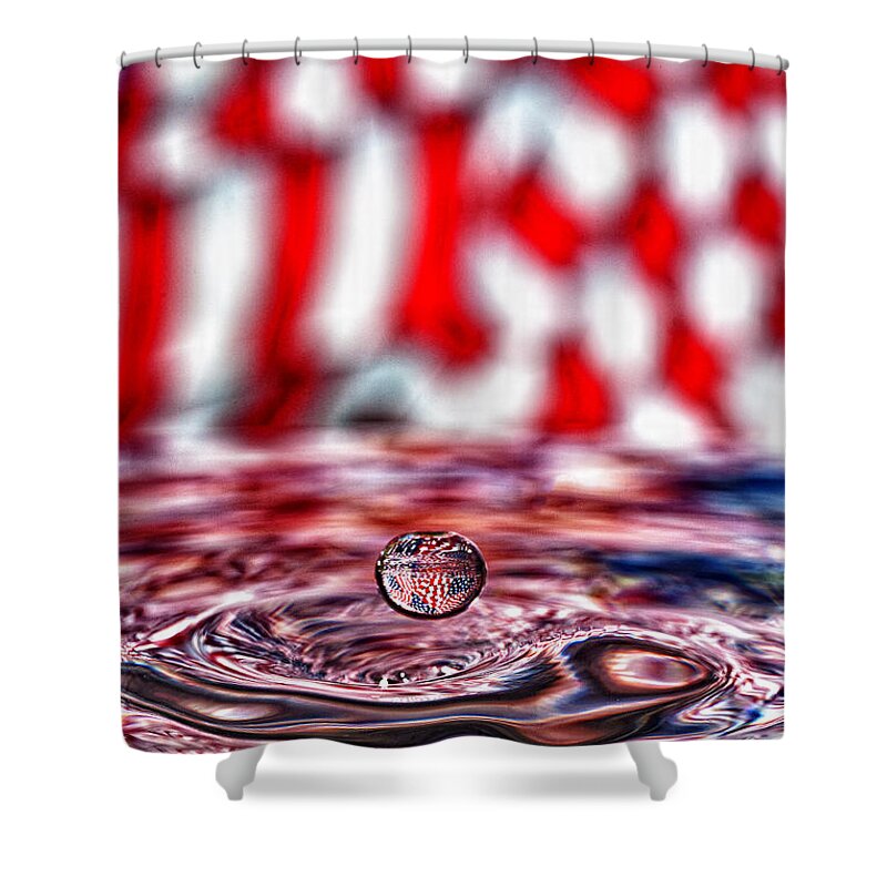 American Flag Shower Curtain featuring the photograph American Flag Water Drop by Linda Blair