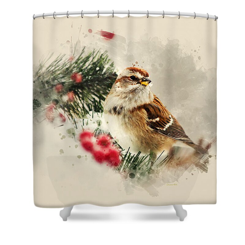Bird Shower Curtain featuring the mixed media American Tree Sparrow Watercolor Art by Christina Rollo