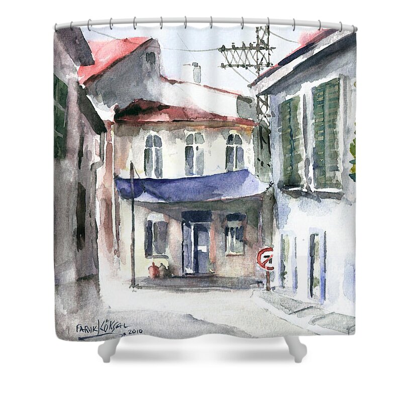 Authentic Shower Curtain featuring the painting An authentic street in Urla - Izmir by Faruk Koksal