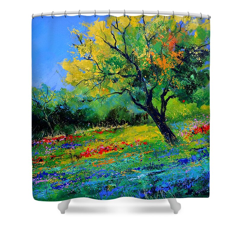 Landscape Shower Curtain featuring the painting An oak amid flowers in Texas by Pol Ledent