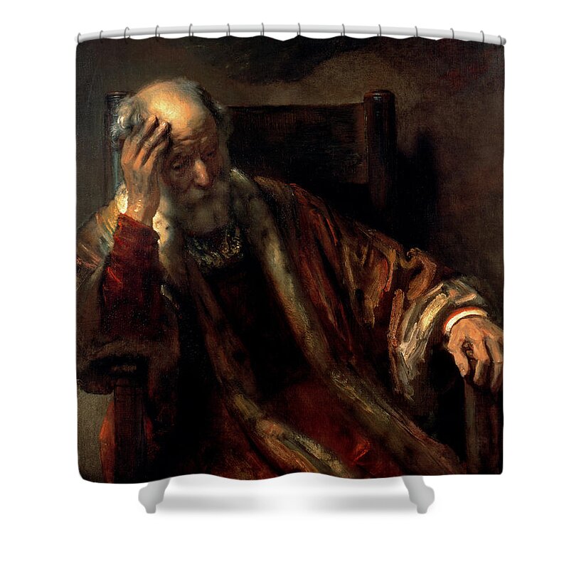 Thinking Shower Curtain featuring the painting An Old Man In An Armchair by Rembrandt Harmensz van Rijn
