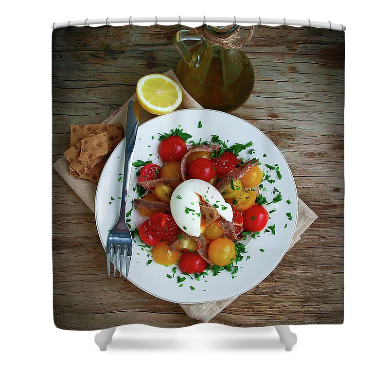 Anchovy Shower Curtain featuring the photograph Anchovy, Cherry Tomatos And Egg Salad by Curly Courland Photografy