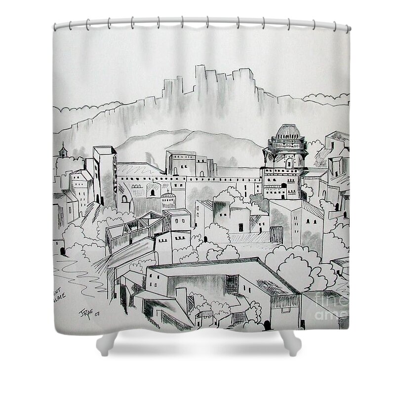 Original Shower Curtain featuring the drawing Ancient City in Pen and Ink by Janice Pariza