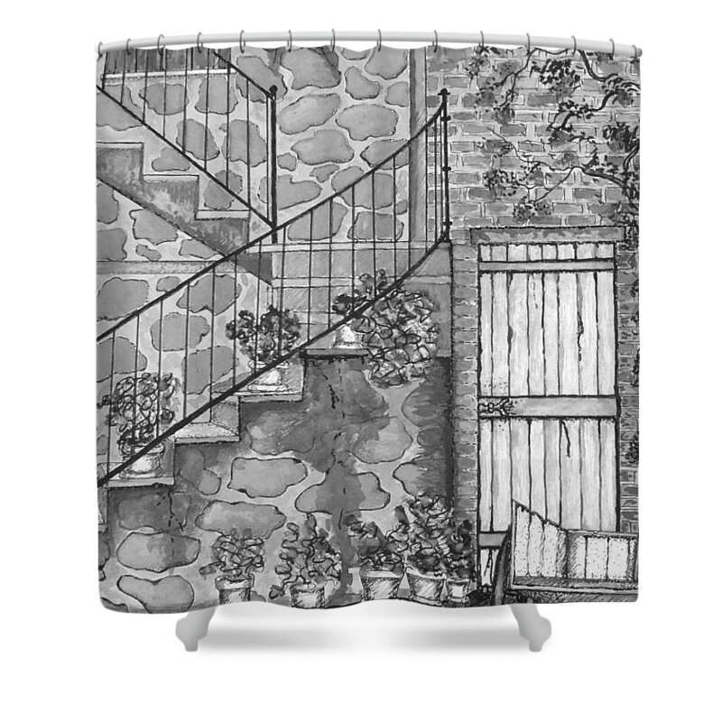 Print Shower Curtain featuring the drawing Ancient Grey Stone Residence Black and White by Ashley Goforth