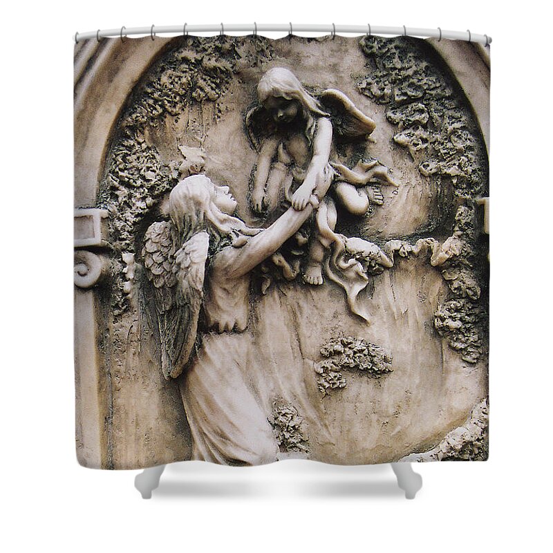 Angels Shower Curtain featuring the photograph Guardian Angel Holding Baby Angel - Guardian Angel With Baby Child Angel Wings - Angel Decor by Kathy Fornal
