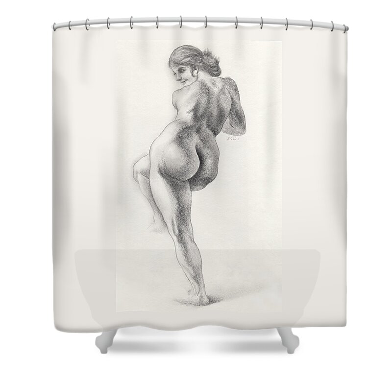 Nude Shower Curtain featuring the drawing Angelina in 5B Standing Nude Leaning onto an Art-Studio Pedestal Laughing Softly by Scott Kirkman