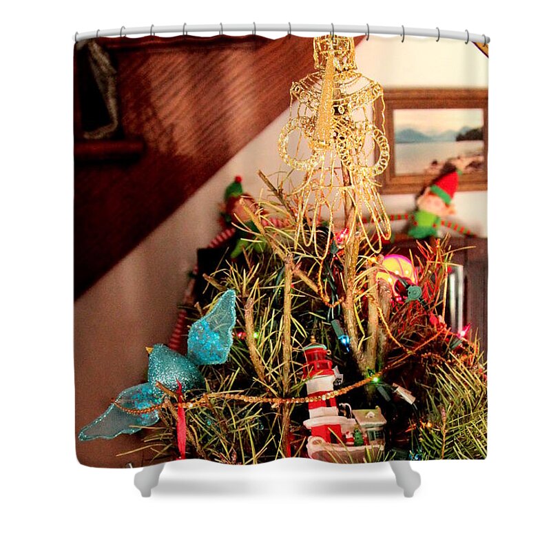 Christmas Shower Curtain featuring the photograph Angels bird and elves oh my by Carol Estes