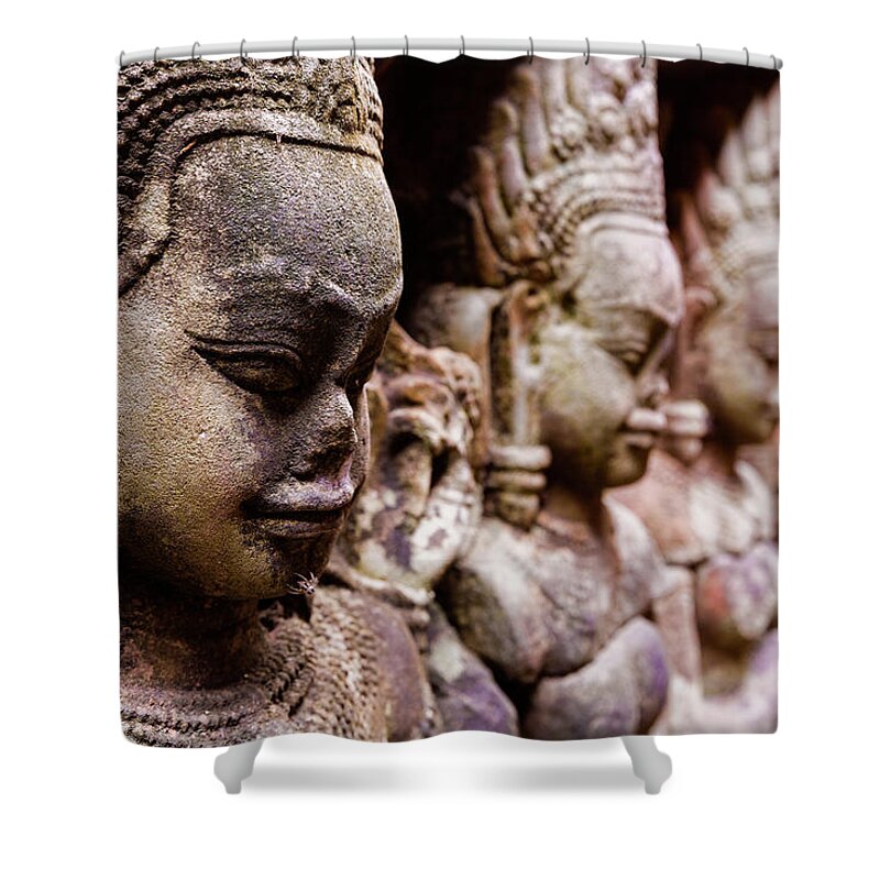 Statue Shower Curtain featuring the photograph Angkor Wat Temple Wall Faces Detail by Daniel Osterkamp